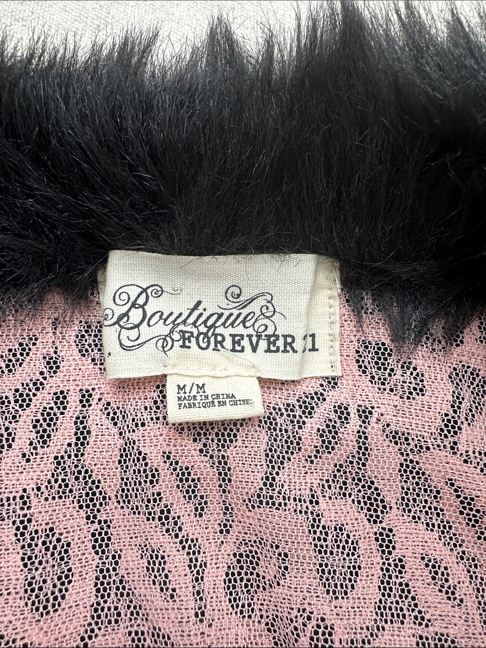 Y2K Forever 21 Faux Fur Trim Knit Cardigan Leopard Pink Lace Lining Size M - Picture 2 of 8